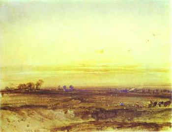Richard Parkes Bonington : Landscape with Harvesters at Sunset